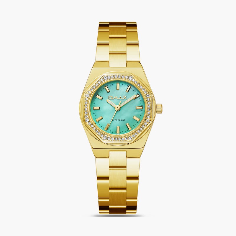 OMAX Gold Analog Watch with Turquoise Dial for Women - Image 1